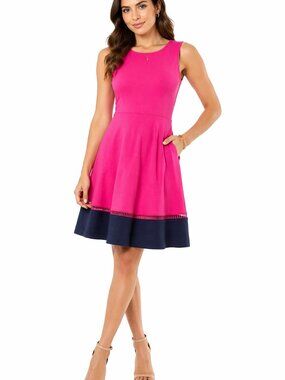 Talbots Pink & Navy Blue Fit & Flare Dress Sleeveless Colorblock Pockets Size L
